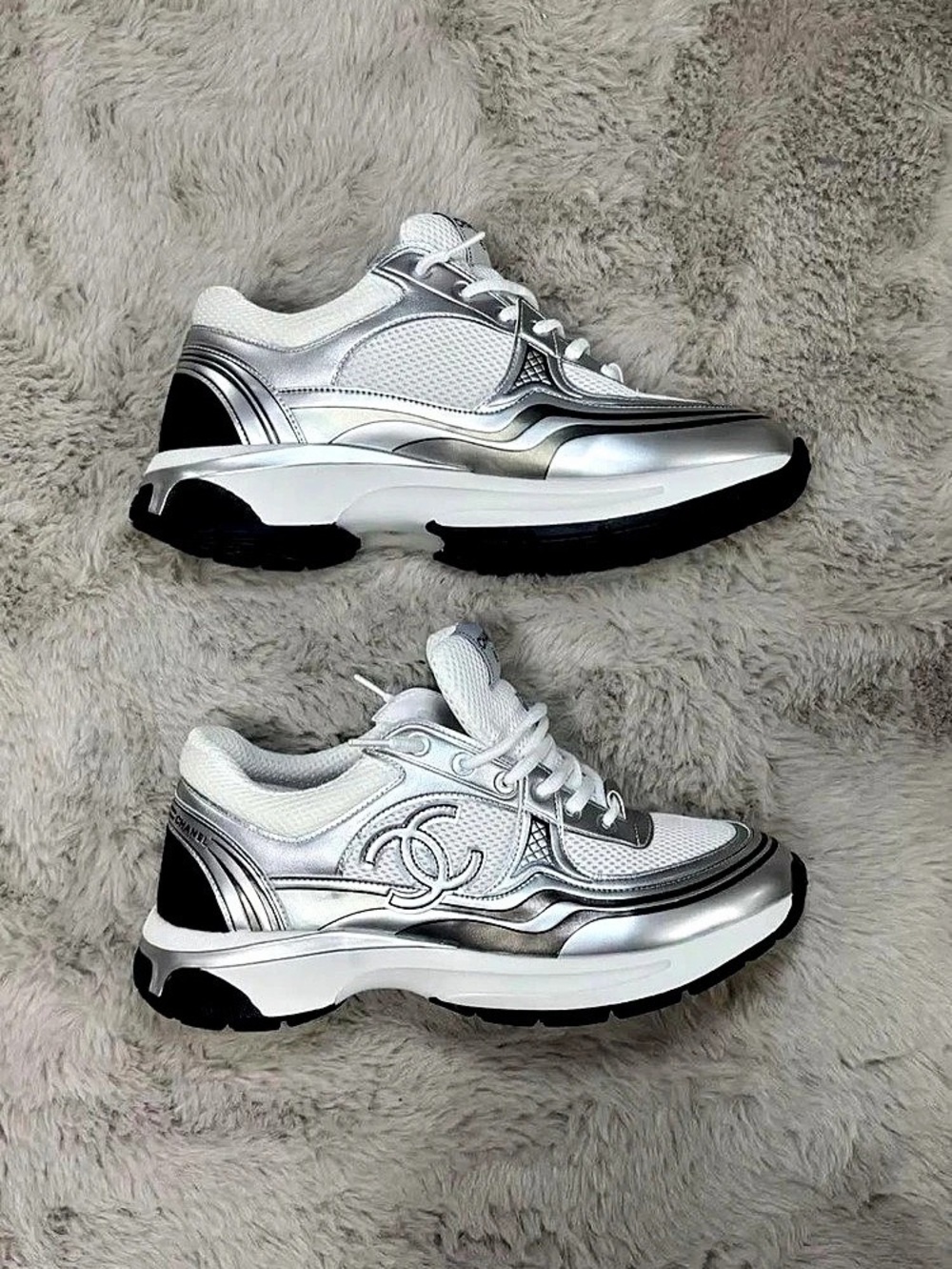 Chanel CC Logo Sneaker Mesh Suede Grained Calfskin White & Silver Women's White